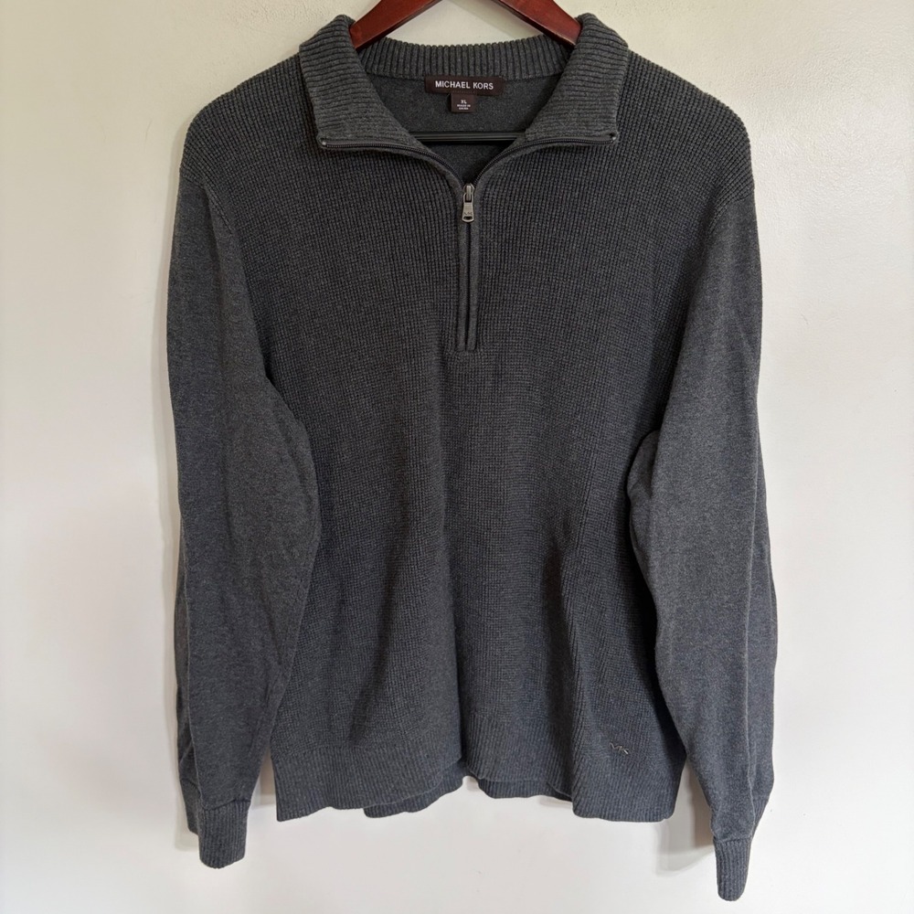 Michael Kors Mens XL Gray 100% Cotton Ribbed Quarter Zip Pullover Sweater